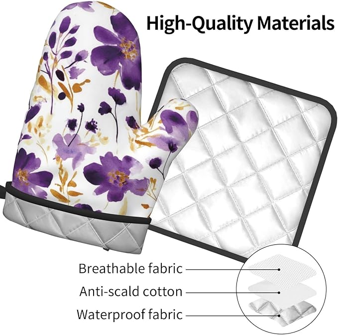 Spring Purple and Gold Floral Oven Mitts and Pot Holders Sets of 3, Non-Slip - Image 9