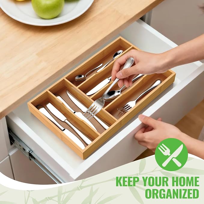 Bamboo Silverware Organizer, Bamboo Kitchen Drawer Cutlery Organizer, Utensil - Image 4