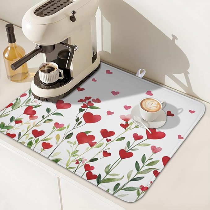Valentines Day Dish Drying Mat for Kitchen Counter 18x16 Inch Green Red Heart - Image 6