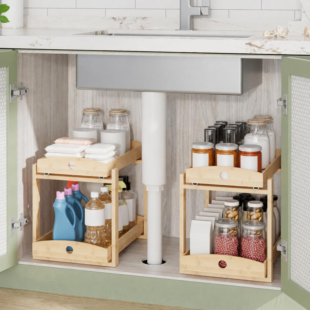 Bamboo Under Sink Organizer 2 Tier Pull Out Cabinet Storage Drawer