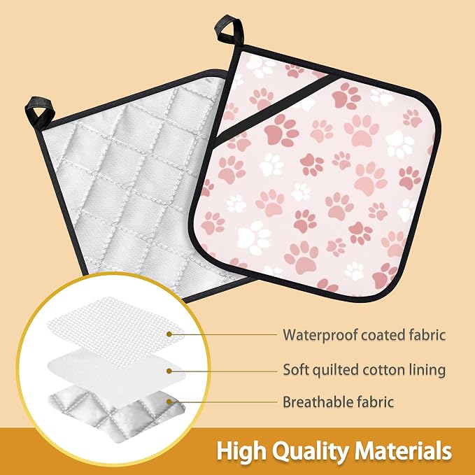Cute Pink Cat Dog Paw Prints Pot Holder Set of 2, Heat Resistant Potholders - Image 3