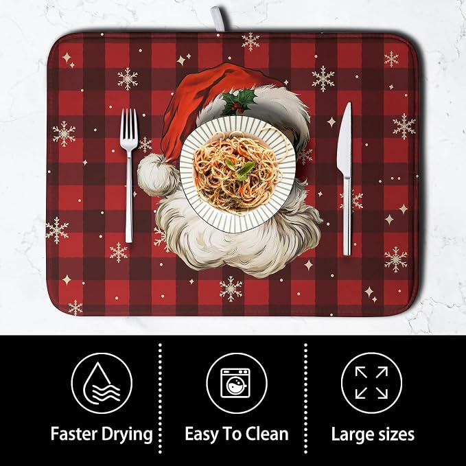 Santa Claus Christmas Dish Drying Mat Xmas Red and Black Buffalo Plaid - Image 4