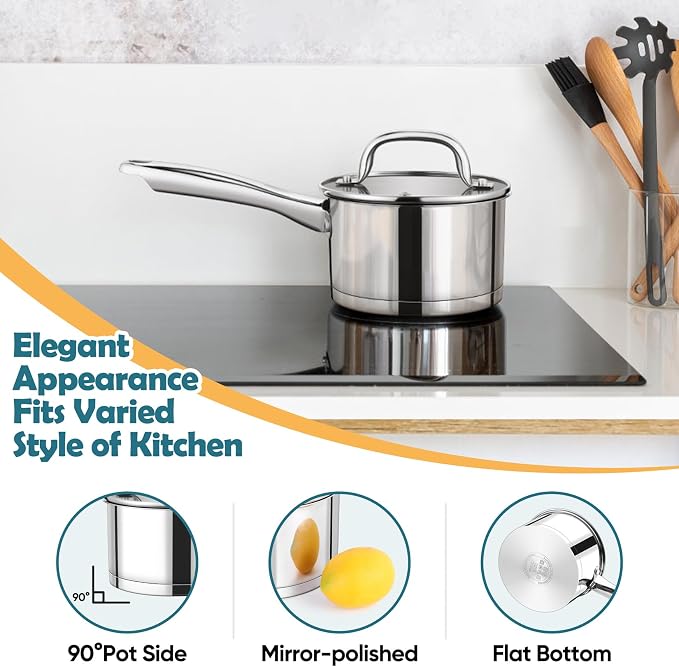 P&P CHEF 1 Quart Saucepan with Lid Set, Stainless Steel Small Cooking Pot - Image 7