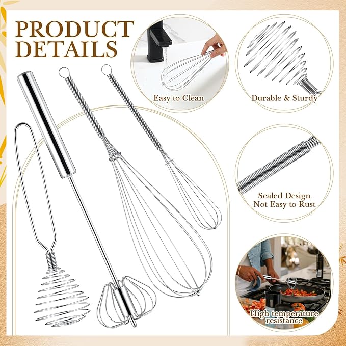 Teenyyou 10 Pcs Stainless Steel Whisks Set Egg Beater Semi Auto Whisk Blender - Image 3