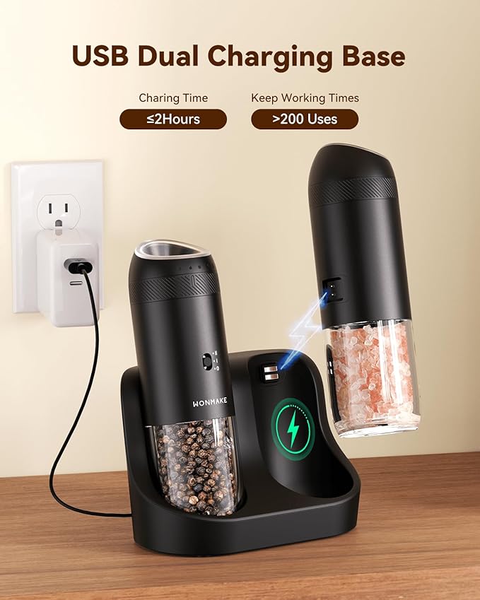 WONMAKE Gravity Electric Salt and Pepper Grinder Set - Image 2
