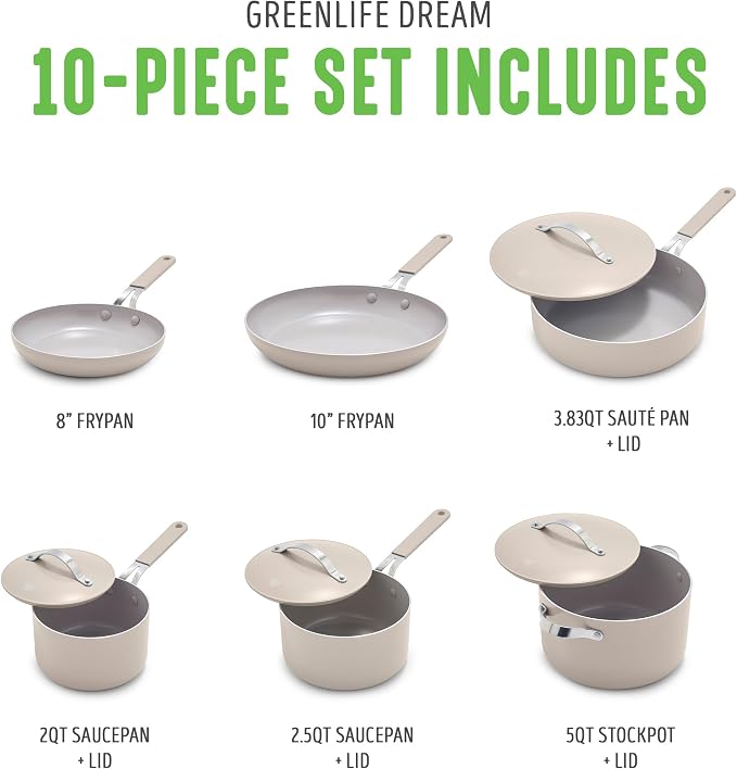GreenLife 10-Piece Nonstick Ceramic Cookware Set, Lightweight Healthy PFAS-Free - Image 3