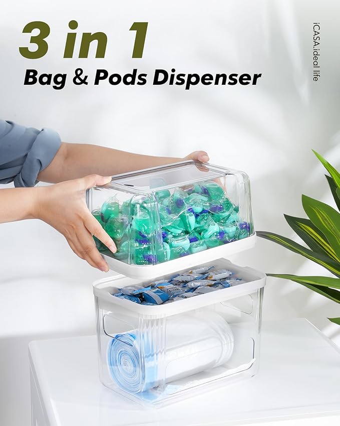 iCASA Trash Bag Dispenser Dishwasher Pod Organizer, 3 in 1 Grocery Garbage Bags - Image 2