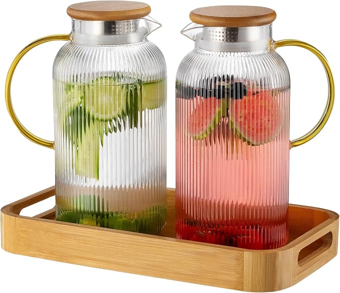 Buaic Glass Pitcher with Lid, 2 PACK 68 oz/2 Liter Vertical Water Pitcher With by Buaic