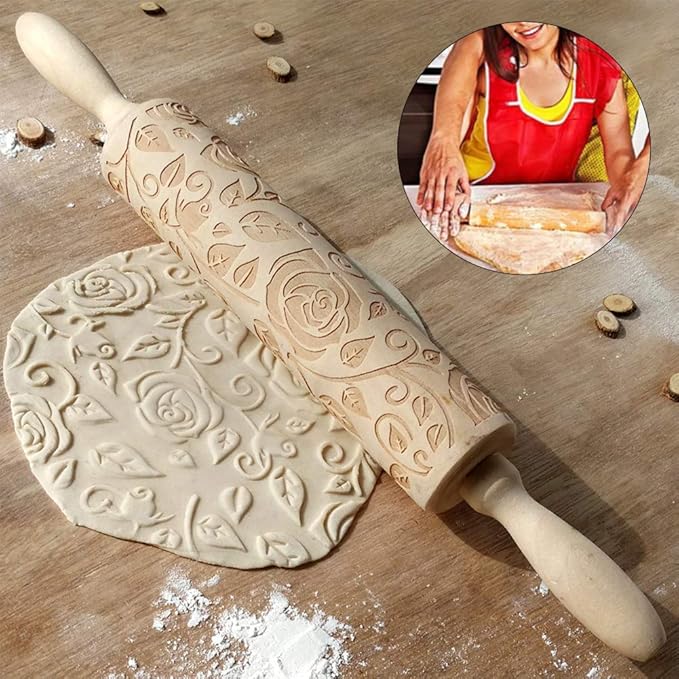 Wooden Rolling Pin, Rose Flower Embossed Engraved Carved Rolling Pin, - Image 3