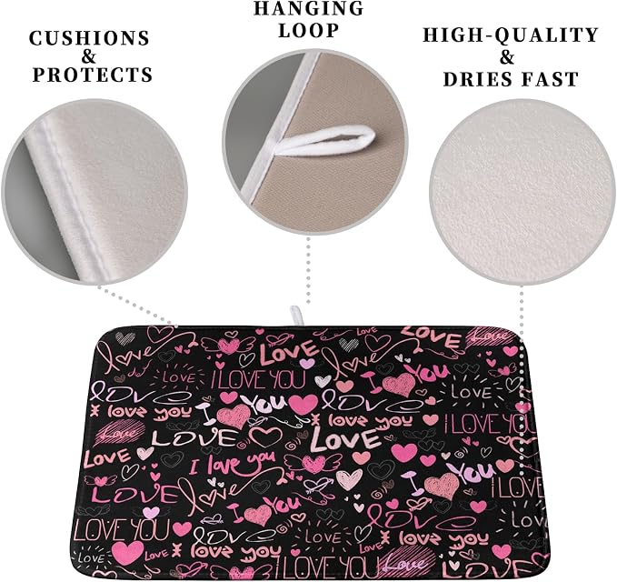 Mother's Day Dish Drying Mat for Kitchen Counter Love Heart Black Drying Mats - Image 3