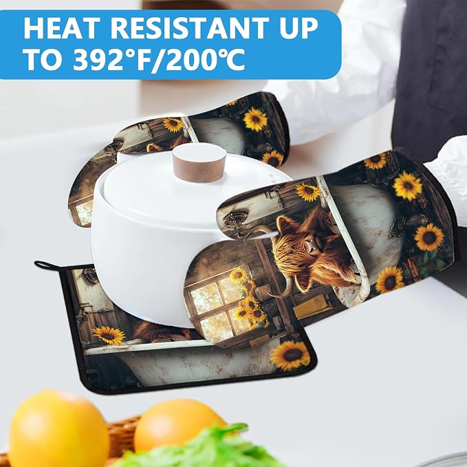 Highland Cow Sunflower Oven Mitts and Pot Holders Sets Heat Resistant 4Pcs - Image 5