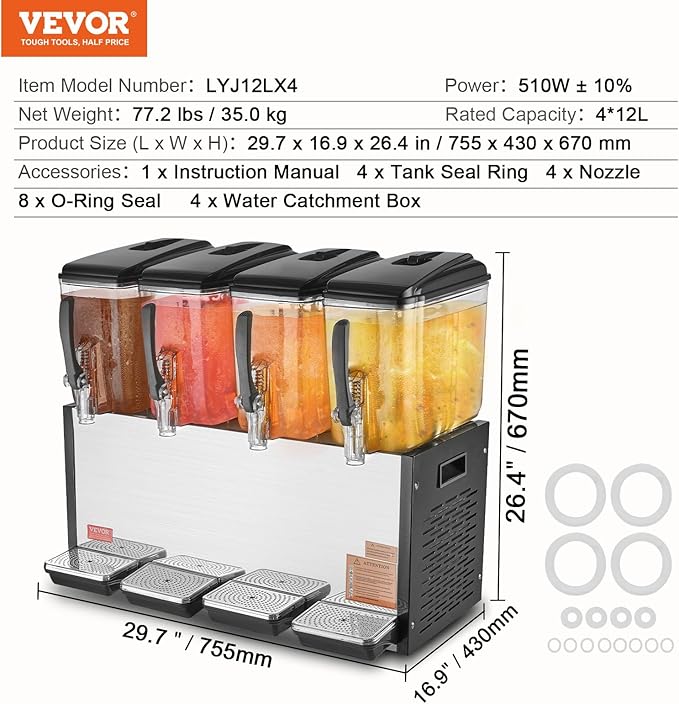 VEVOR Commercial Beverage Dispenser, 4 Tanks 12 L / 12.7 QT Per Tank Juice - Image 7