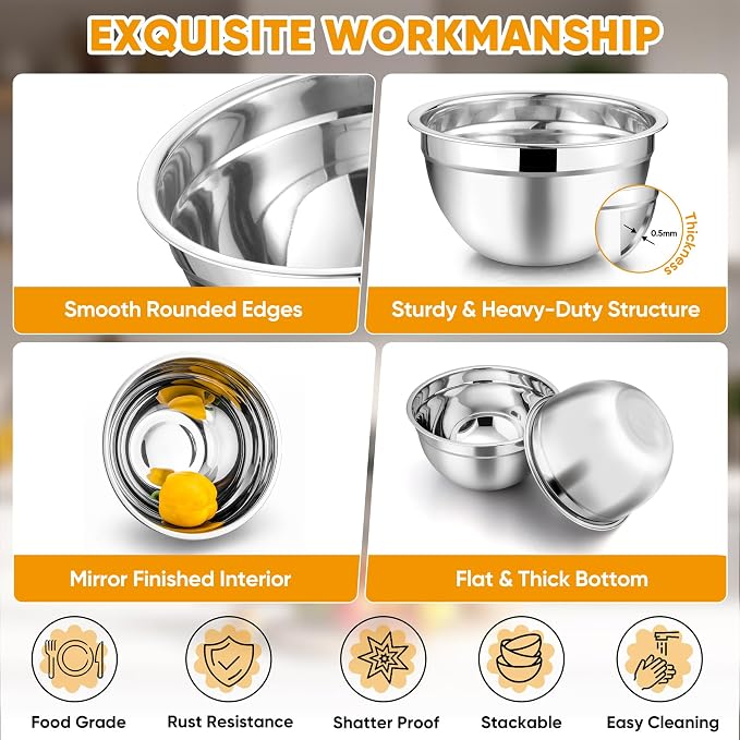 TeamFar Mixing Bowl Set of 5, 4.5/3/1.5/1/0.7 QT, Stainless Steel Metal Nesting - Image 4