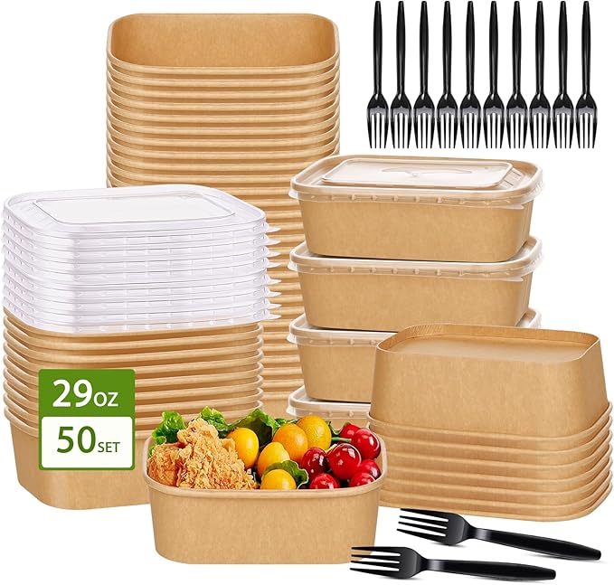 50-Pack 29oz Disposable Kraft Paper Bowls【with Lids and Forks】, Meal Prep by DIQIUREN
