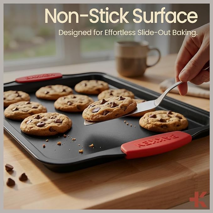 Baking Pan Set – 3 Piece Cookie Sheet – Deluxe Black Non-Stick Carbon Steel – - Image 5