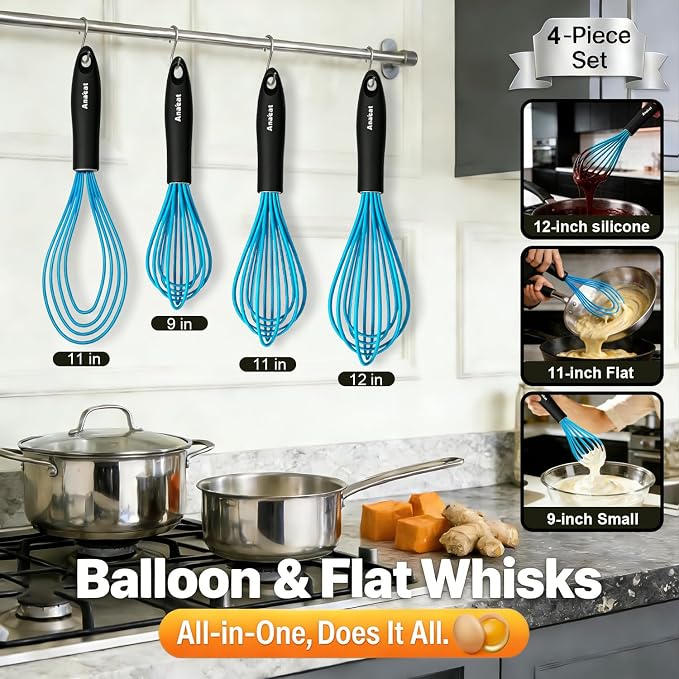 Anaeat Silicone Kitchen Whisk Set of 4, Milk and Egg Beater Blender - Image 7