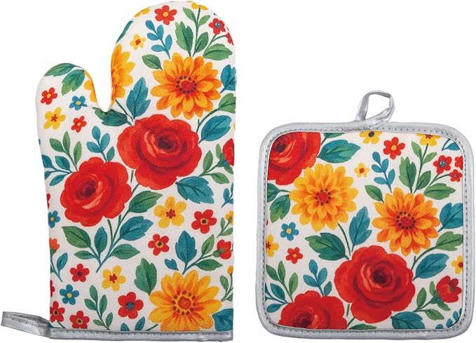 Floral Oven Mitts and Pot Holders Sets 2 Pcs, Canvas Heat Resistant Kitchen by QEES