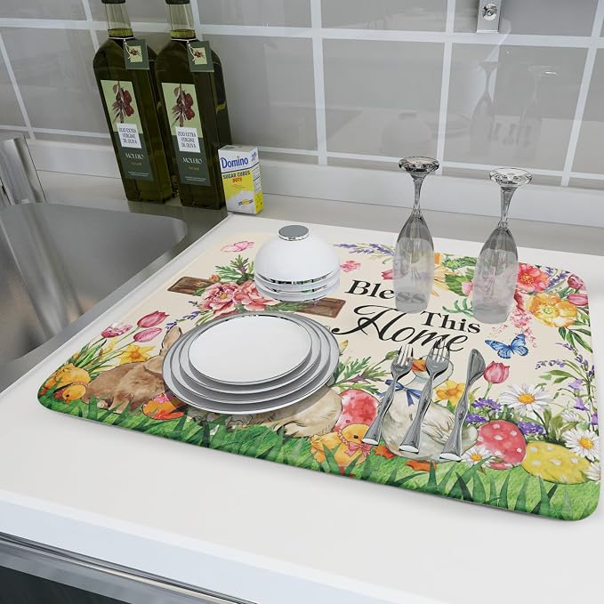 Easter Farmhouse Dish Drying Mat Funny Animal Microfiber Dish Pad - Image 6