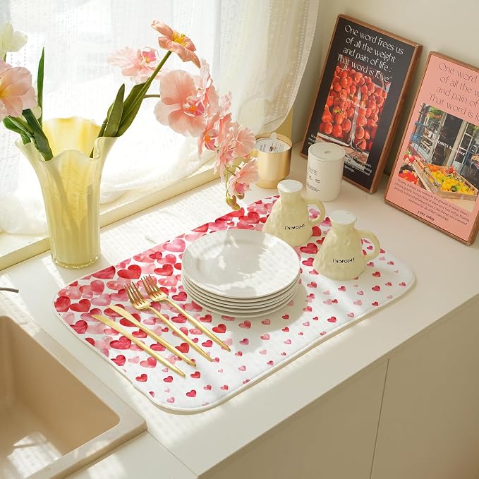 Valentines Dish Drying Mat 18x24 Inch Watercolor Red Pink Love Hearts Drying - Image 7