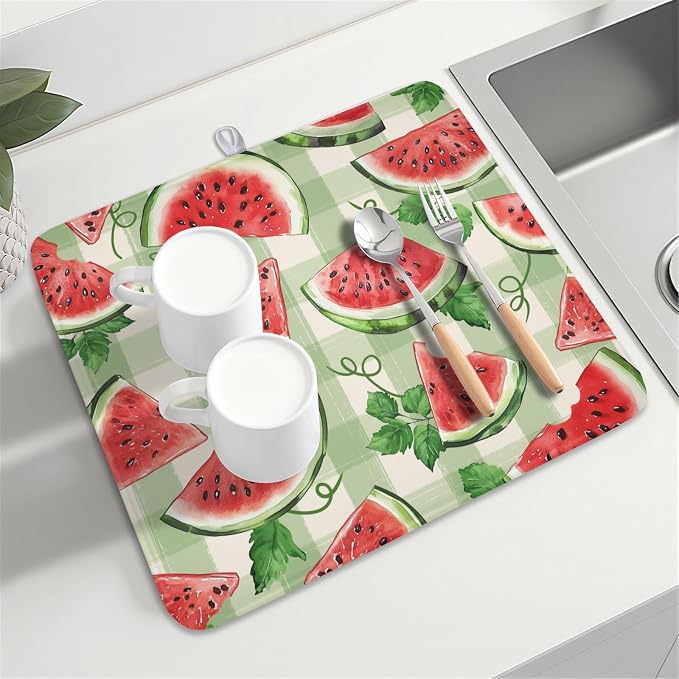 Summer Dish Drying Mat for Kitchen Counter Watercolor Watermelon Green Buffalo - Image 8