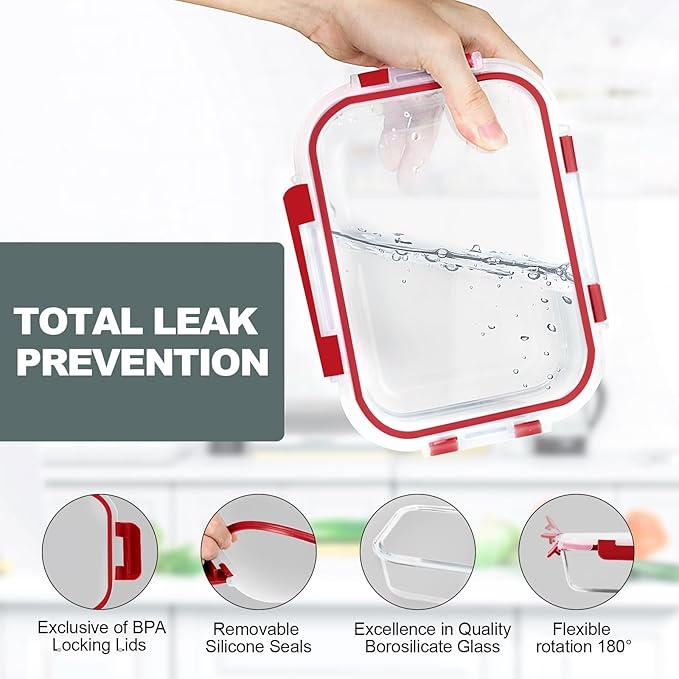 VERONES 10Pack Glass Meal Prep Containers, Airtight Glass Lunch Containers - Image 3