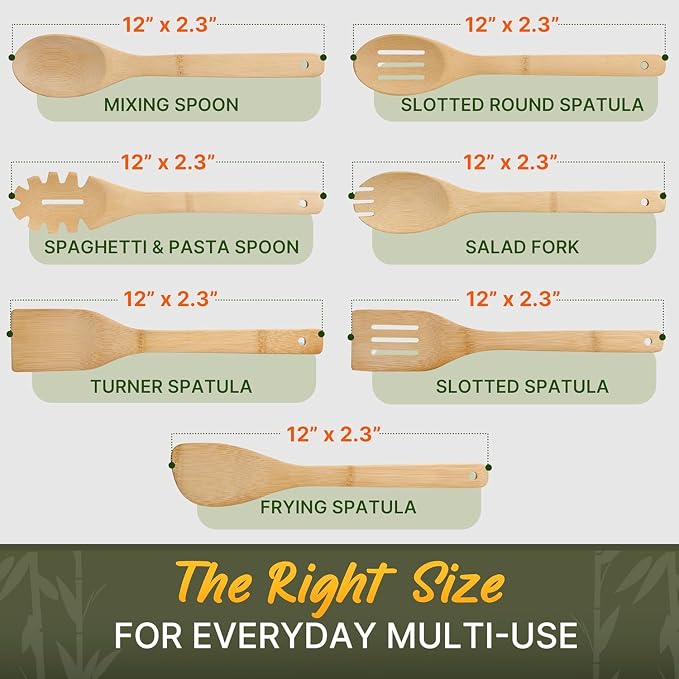 Wooden Utensil Set, Bamboo Utensils – 7 PCs Wood Spoons - Image 3