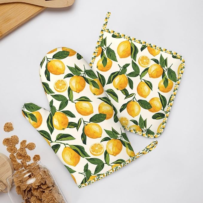 Oven Mitts and Pot Holders Set, Lemon Fruit Watercolor Silicone Kitchen - Image 6