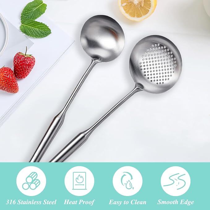 Soup Ladle and Slotted Spoon Set of 2, Metal 316 Stainless Steel Kitchen Ladles - Image 2