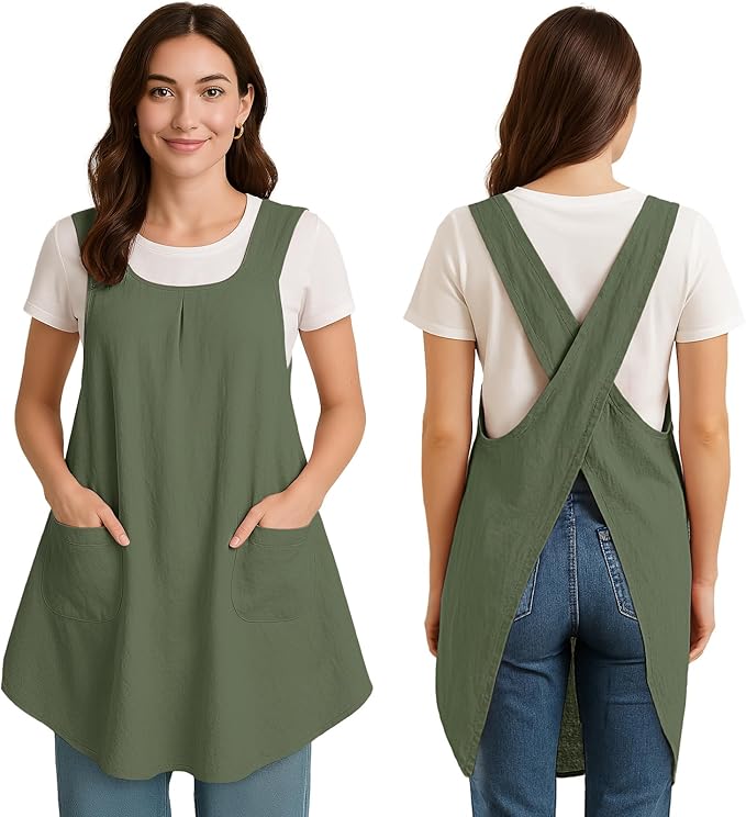 Apron for Women with Pocket Cotton Linen, Japanese Cross Back Apron for by ROLOSI