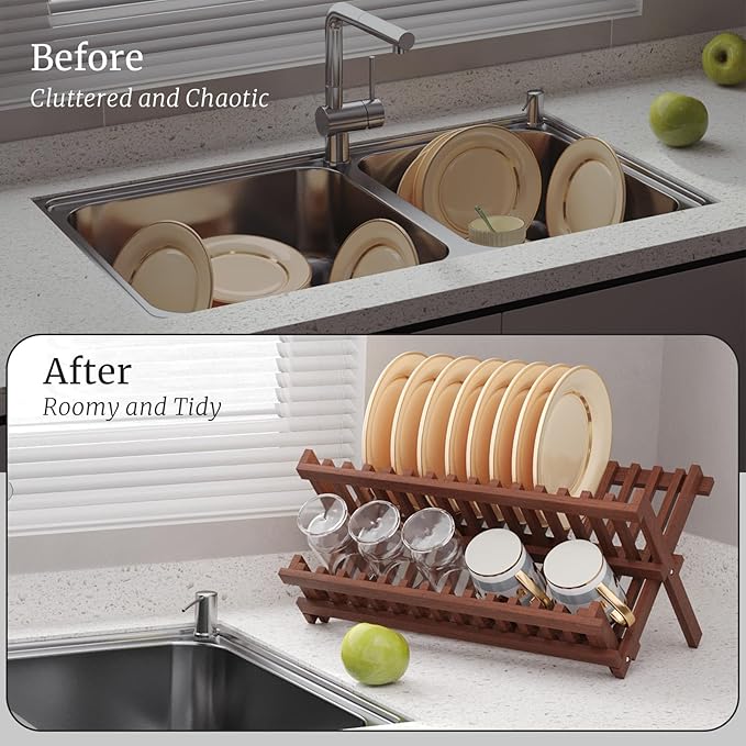 VERTORGAN Teak Dish Drying Rack, Folding Collapsible Drainer Plate Organizer - Image 4
