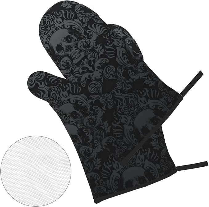 Victorian Gothic Black Skull Damask Oven Mitts and Pot Holders Sets of 4 - Image 2
