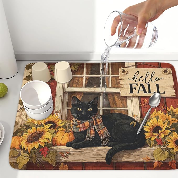 Fall Dish Drying Mat for Kitchen Counter Vintage Autumn Cat Sunflower Pumpkin - Image 6