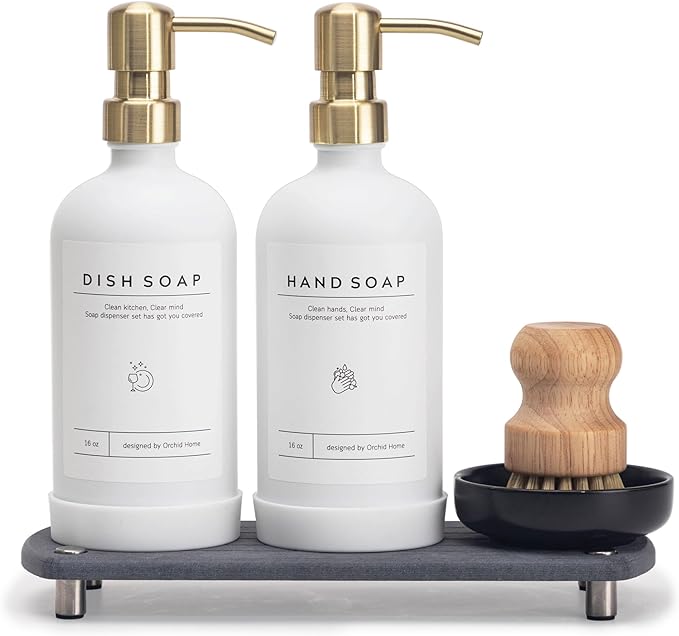 Kitchen Soap Dispenser Set - 16OZ White Glass Bottle by ORCHID+HOME