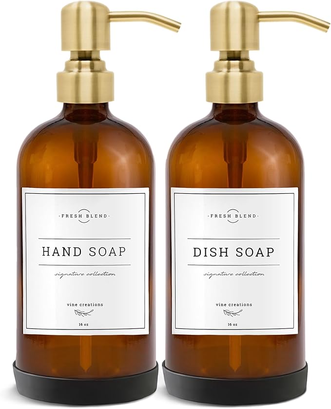 Vine Creations Amber Glass Soap Dispenser, 2 Pack Kitchen Soap Dispenser Set by VineCreations