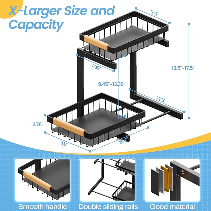 ADBIU Under Sink Organizer XL Size, 2 Packs 2 Tier Expandable Height Under-Sink - Image 2