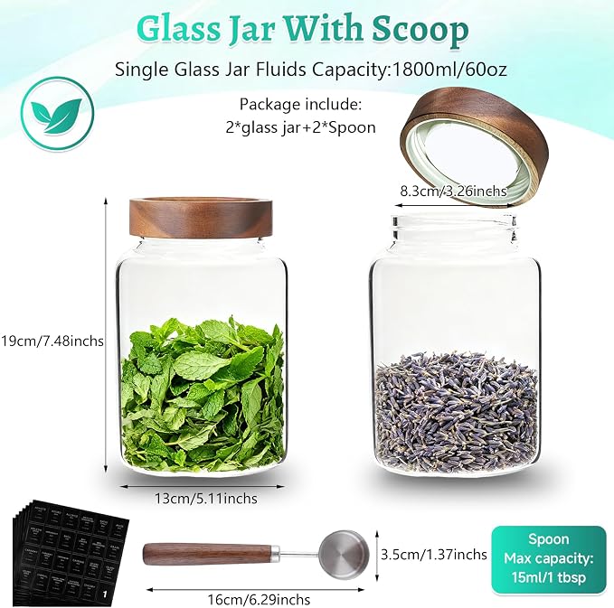 60 oz Glass Coffee Jars with Wooden Airtight Lid Spoon Clear Herb Ground - Image 3
