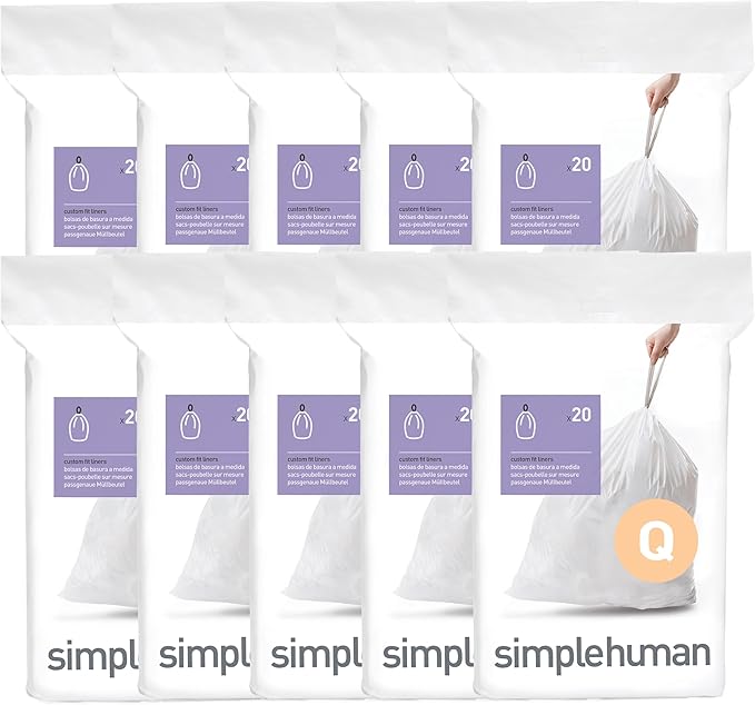 simplehuman Code Q 200 Count Custom Fit Liners, Drawstring Kitchen Trash Bags by Simplehuman