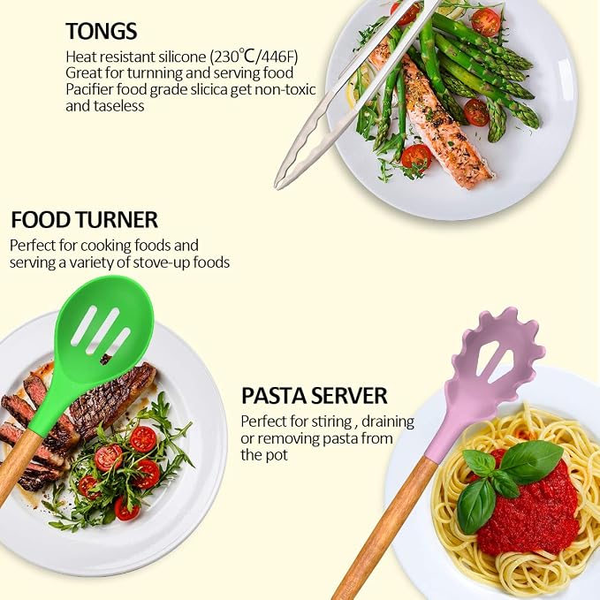 Umite Chef Kitchen Cooking Utensils Set, Wooden Handle Silicone Kitchen Gadgets - Image 3