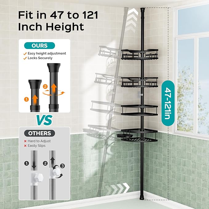HAMITOR Corner Shower Caddy Tension Pole: Rustproof Stable 4-Tier Bathroom - Image 4