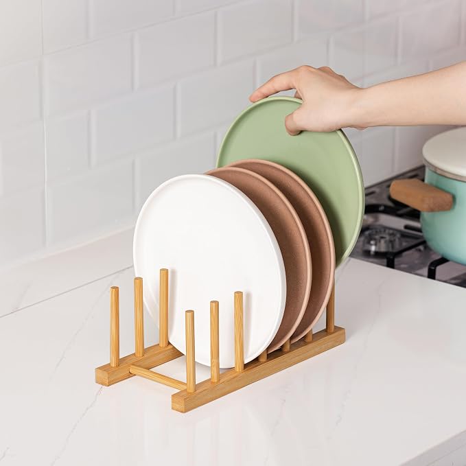 HBlife Bamboo Dish Plate Bowl Cup Book Pot Lid Cutting Board Drying Rack Stand - Image 6