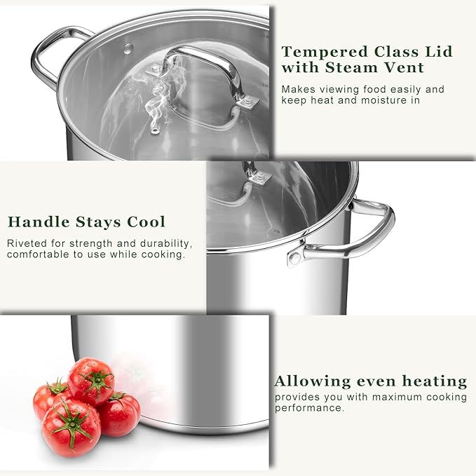 Leonyo 14 Quart Stock Pot with Lid, Stainless Steel StockPot with Lid, Tri-ply - Image 6