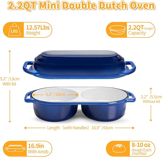 Mini Double Dutch Oven For Sourdough Bread Baking, 2.2QT Enameled Cast Iron - Image 5