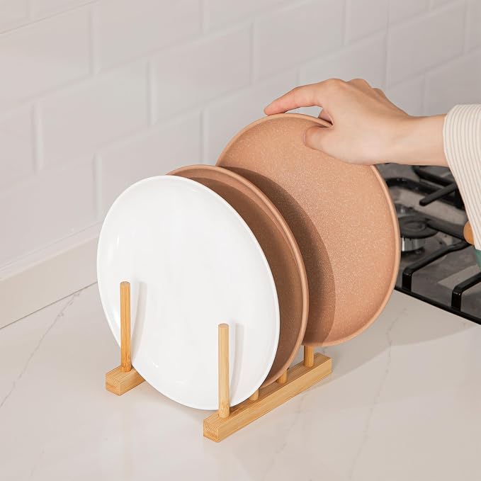 HBlife 4pcs Bamboo Dish Plate Bowl Cup Book Pot Lid Cutting Board Drying Rack - Image 4