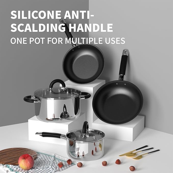 Pots and Pans Set Non Stick, 5 Ply Stainless Steel Cookware Set of 6, 2.8QT - Image 6