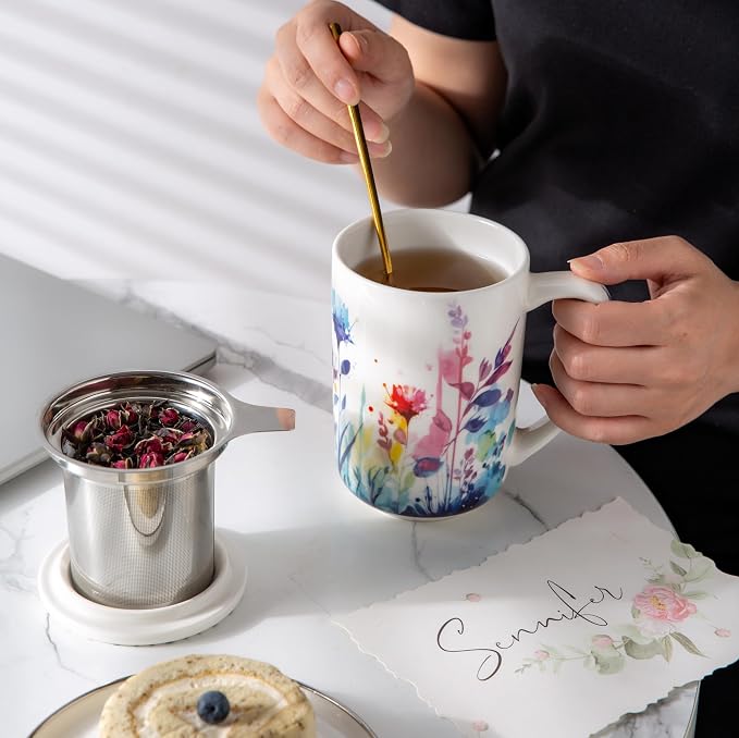 AmorArc Porcelain Tea Mug with Infuser and Lids, 18 Oz Large Cup Strainer with - Image 6