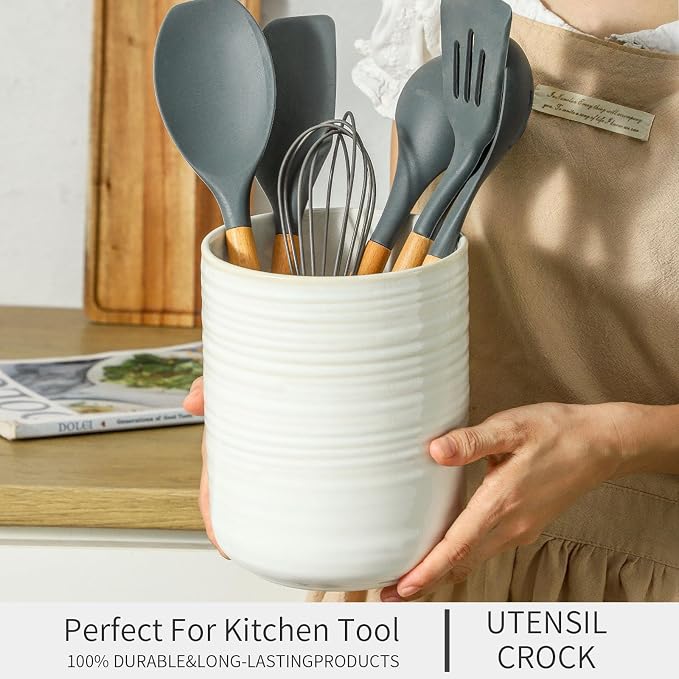 HASENSE Large Utensil Holder, 7.4" x 6.2" Ceramic Utensil Holder - Image 2