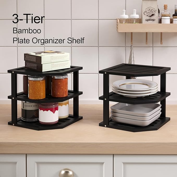 VERTORGAN 3 Tier Bamboo Corner Shelf, Dish Drying Rack, Plate Organizer - Image 4