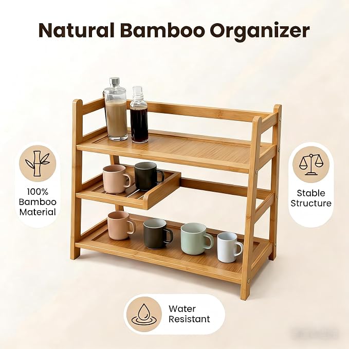 3 Tier Bamboo Matcha Station, coffee station organizer Shelf - Image 3