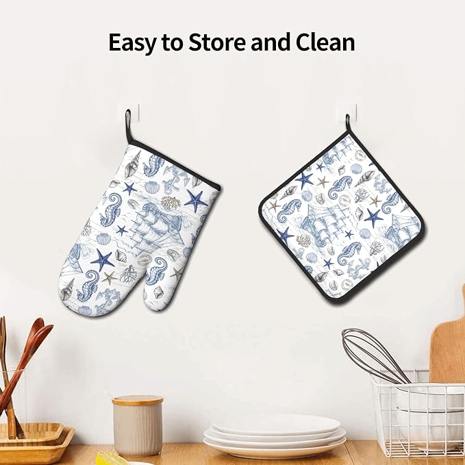 Navy Blue Oven Mitts and Pot Holders Sets Summer Beach Starfish Seashell Oven - Image 6
