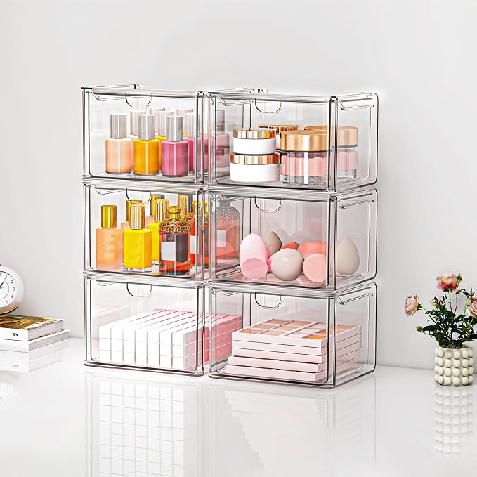 caktraie 6 Pack Small Stackable Stroage Drawers, Acrylic Bathroom Makeup - Image 8